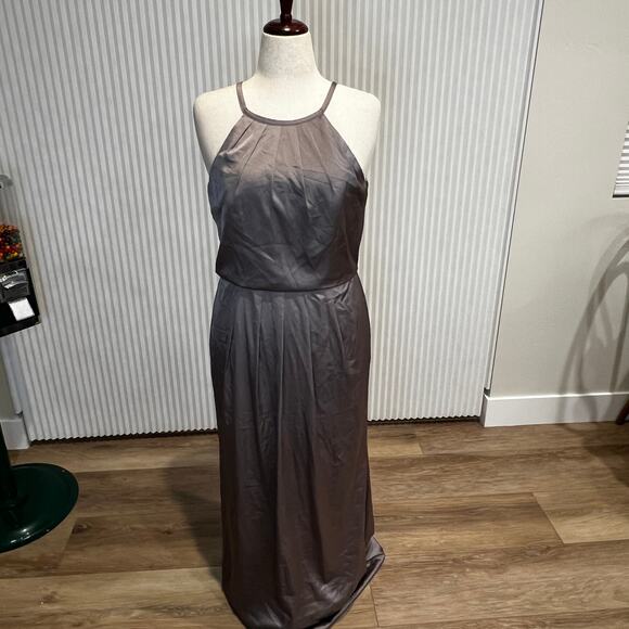 grey halter neck bridesmaid dresses Berylove Women Silver Halter Neck Wedding Guest Dress Sheath Satin Tea Length Bridesmaid Dress, Silver / US24W